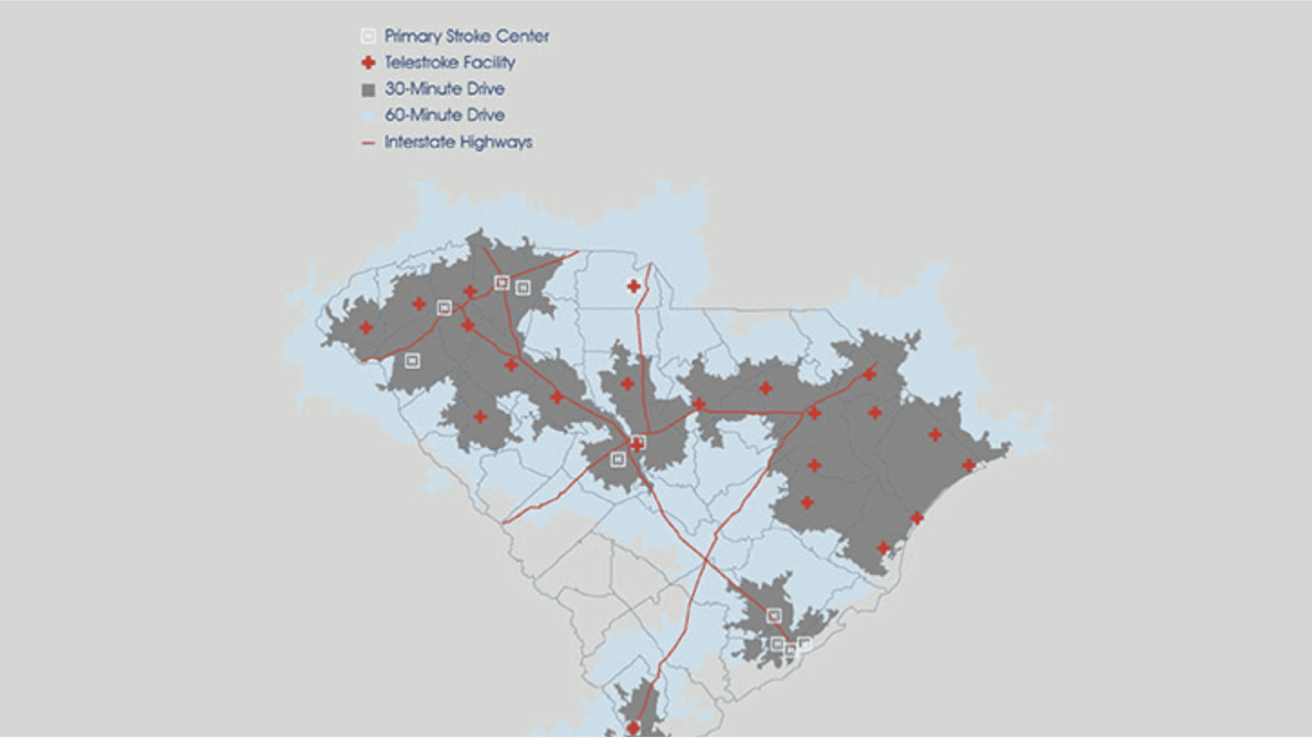 South Carolina primary stroke centres and telestroke centres and the population within a 30-minute or 60-minute drive time
